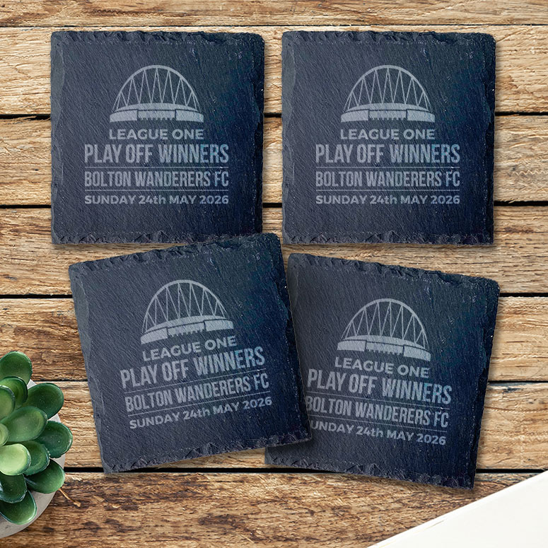 2026 Wembley Bolton Wanderers 'Play Off Winners' Slate Coasters (Pack of 4)